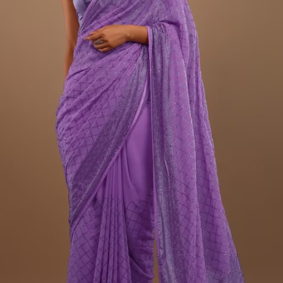 Purple Georgette Saree With Swarovski Stonework On The Borders - Kalki Fashion - Picture 2 of 6